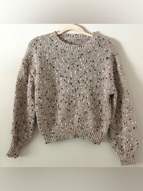 Oatmeal Speckled Knit Sweater Balloon Sleeve Cozy Neutral Sweater Medium
